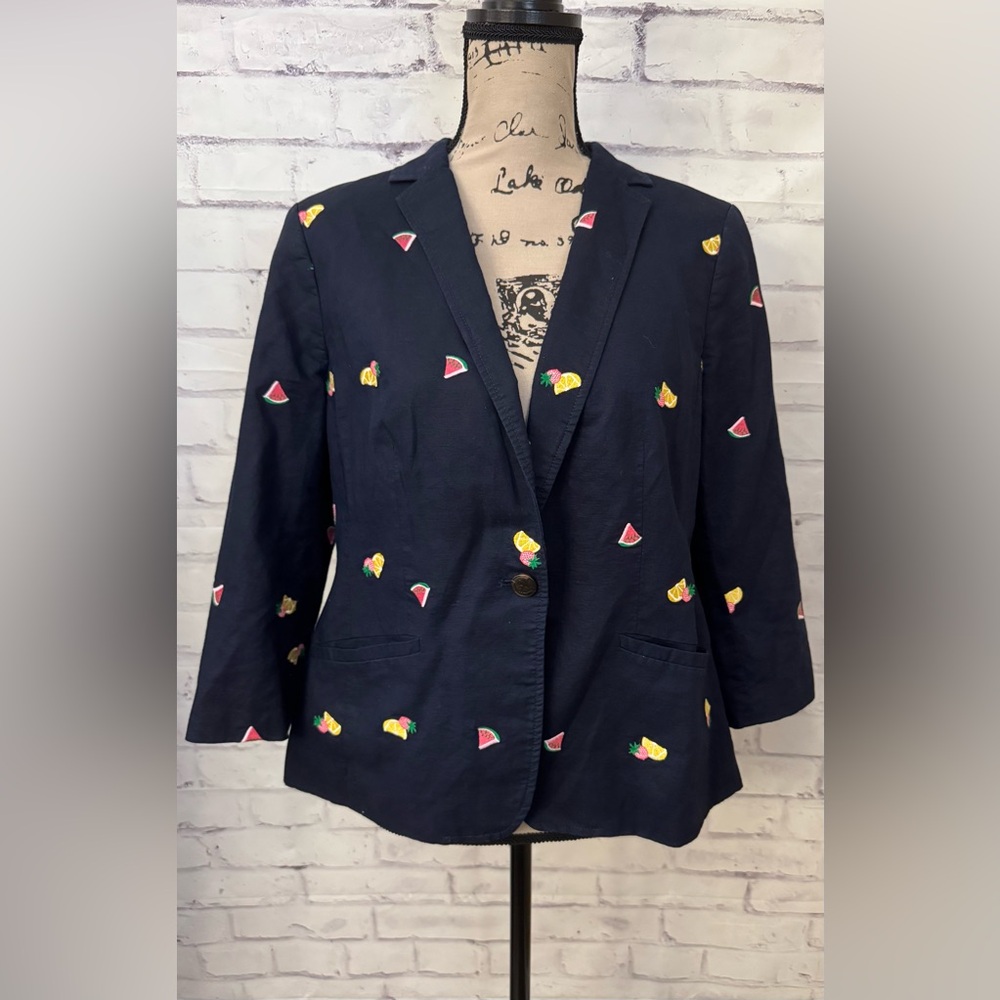 Talbots Petites 12P Embroidered Fruits‎ Blazer Blue Lemons Watermelon Office